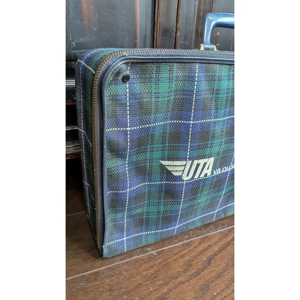 Vtg UTA French Airlines Cabin Suitcase Tartan Plaid Carry On Bag Small 1950s